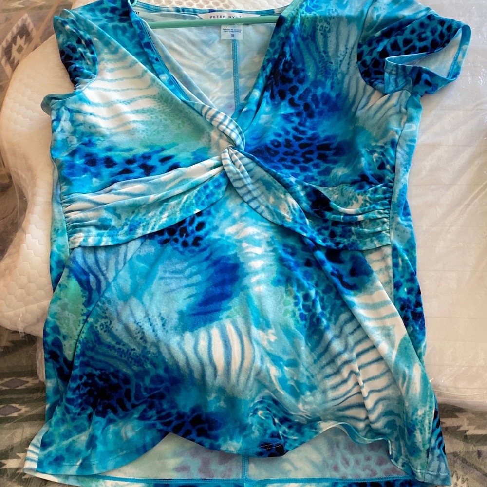 Peter Nygard Aqua and Navy Patterned Blouse